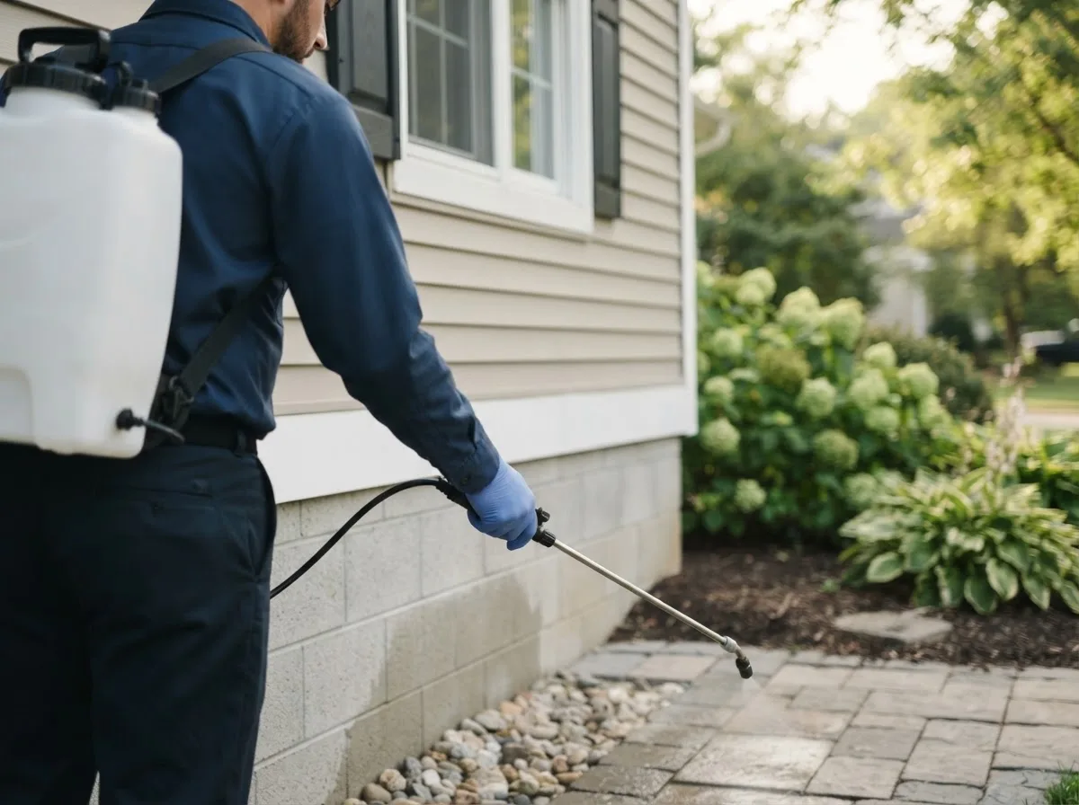 Pest control technician inspecting a home in Susan, VA